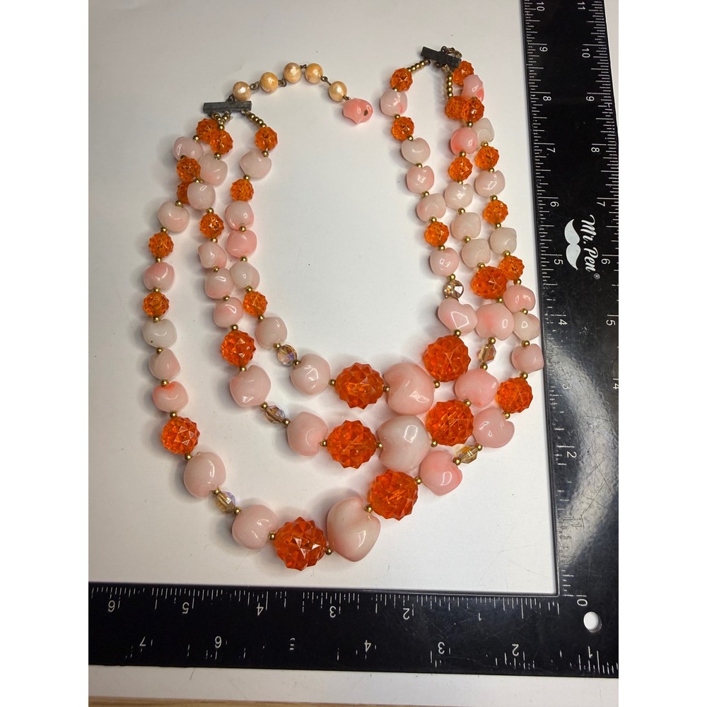 Vintage Orange Faceted & Pink Marbled Heart Bead 3 Strand Necklace Adjustable